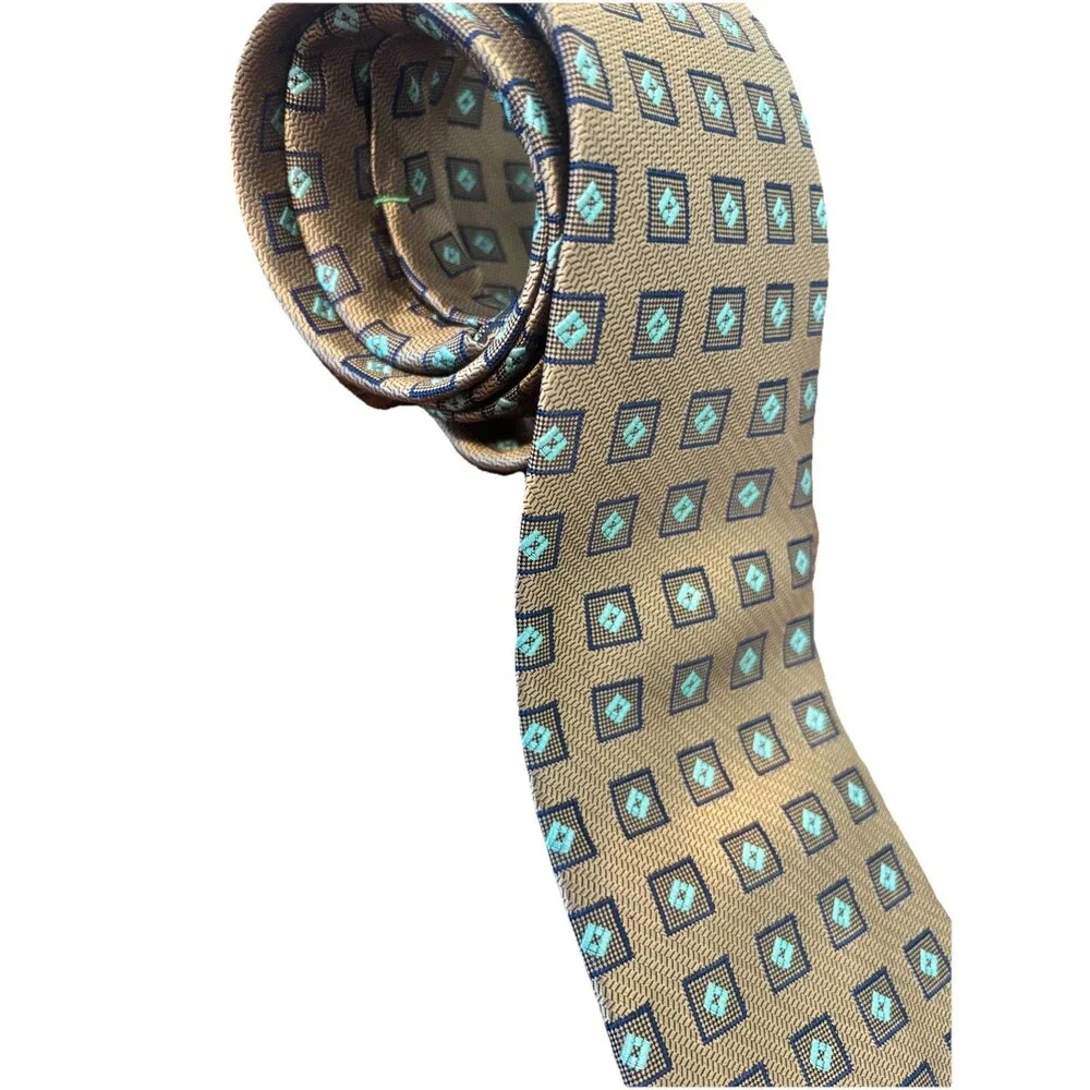 Vintage JHANE‎ BARNES Silk Tie Gold Navy Aqua Geometric Fractal 90s Designer